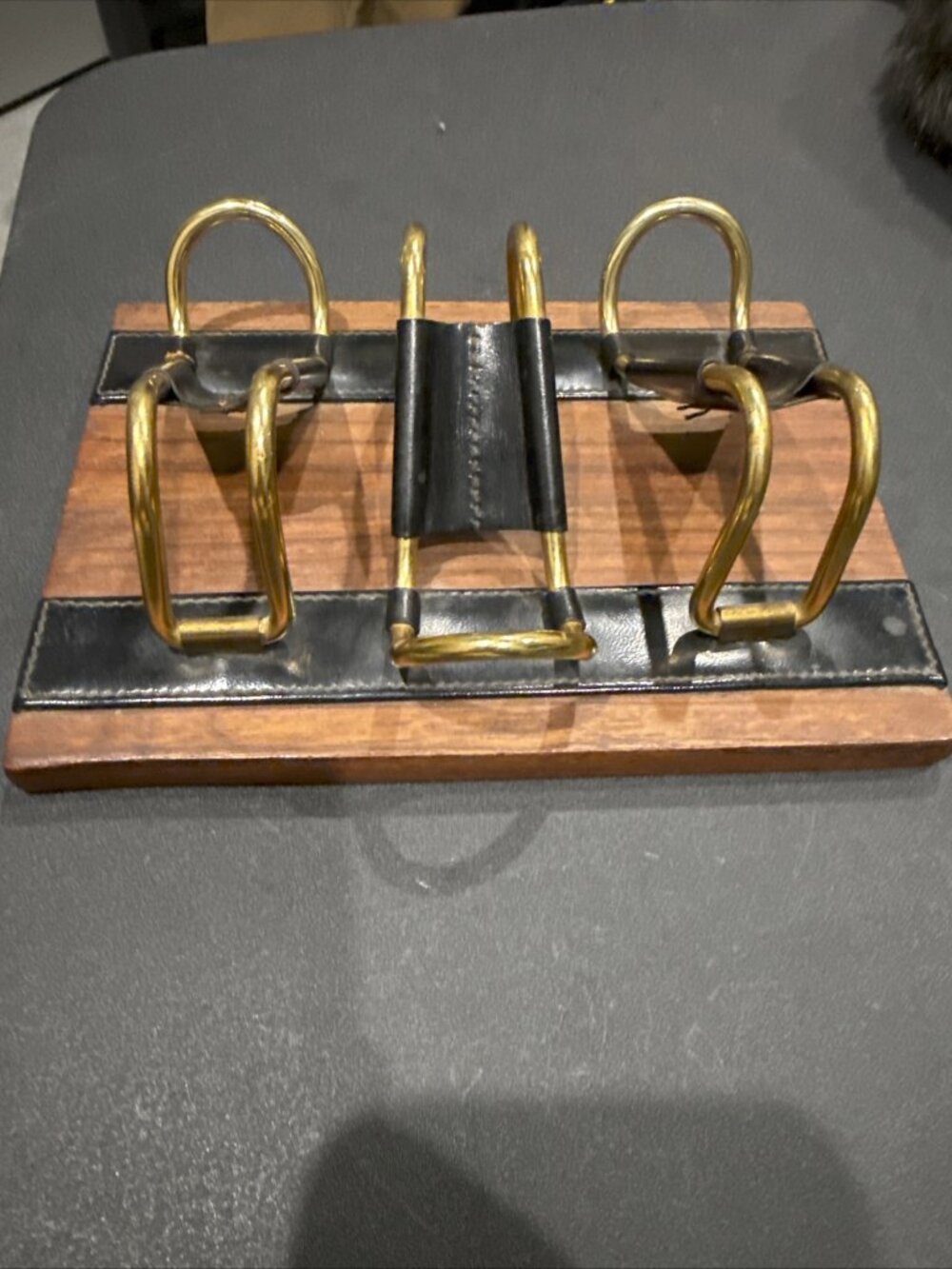 Noymer Equestrian Theme Smoking Pipe Holder Leather Brass Teak Wood Base